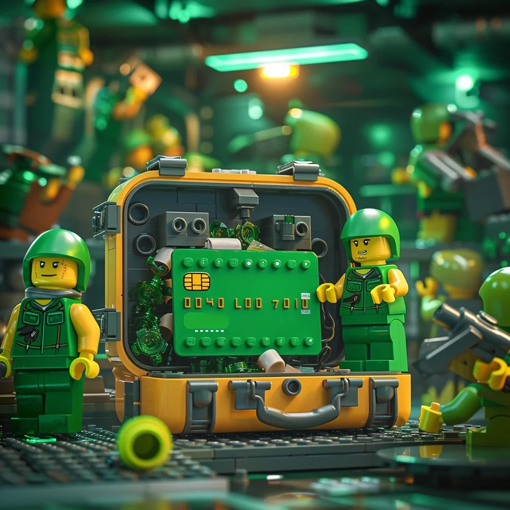 LEGO katonák fegyverrel őrzik a bankkártyát