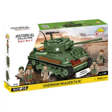 Termékkép a dobozról -COBI-3118 – Sherman M4A2E8(76)W – amerikai közepes harckocsi – 100% kompatibilis minden más kedvelt márkával