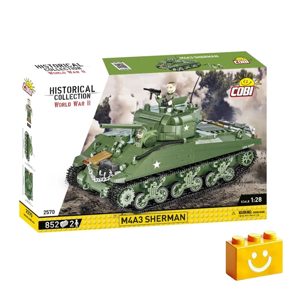 Termékkép a dobozról -COBI-2570 – M4A3 Sherman közepes harckocsi – 100% kompatibilis minden más kedvelt márkával