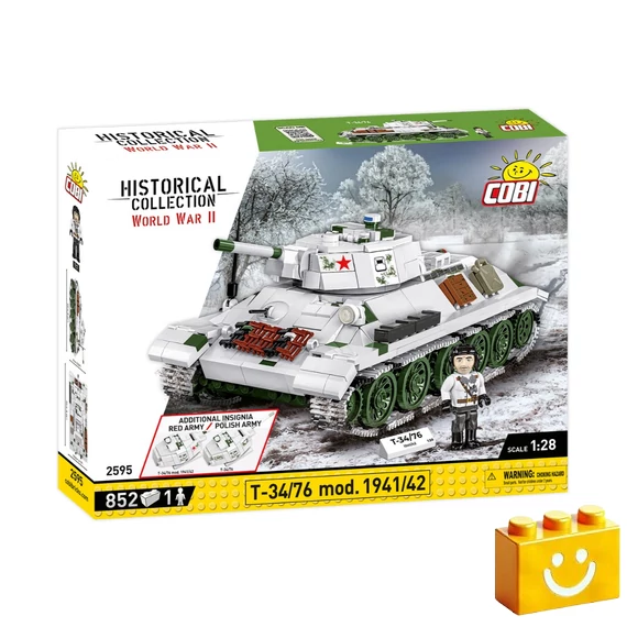 Termékkép a dobozról -COBI-2595 – T-34/76 mod. 1941/42 közepes harckocsi – 2 az 1-ben (PL/SOV) – 100% kompatibilis minden más kedvelt márkával