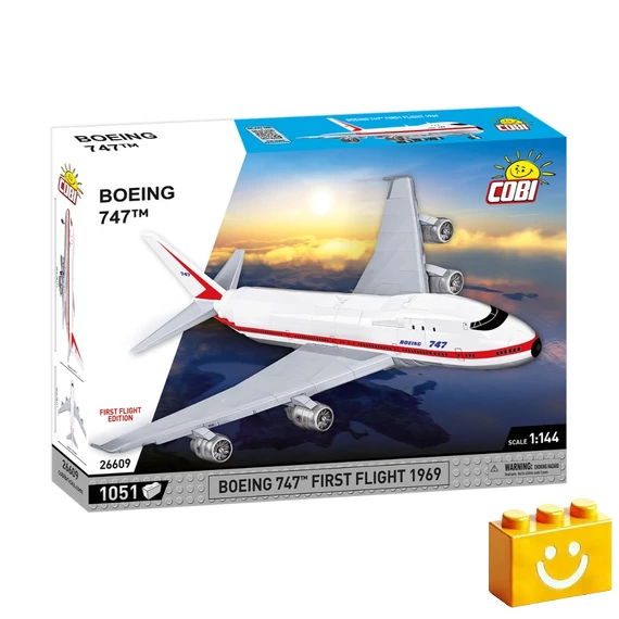 Termékkép a dobozról -COBI-26609 - Boeing 747 – Első repülés 1969 - 100% kompatibilis minden más kedvelt márkával