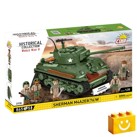 Termékkép a dobozról -COBI-3118 – Sherman M4A2E8(76)W – amerikai közepes harckocsi – 100% kompatibilis minden más kedvelt márkával