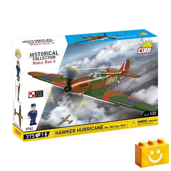 Termékkép a dobozról -COBI-5762 – Hawker Hurricane (No. 302 Sqn. RAF) – brit vadászrepülőgép – 100% kompatibilis minden más kedvelt márkával